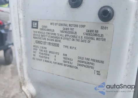 2001 Chevrolet Tahoe Lt from USA, damaged, VIN 1GNEC13T11R162930